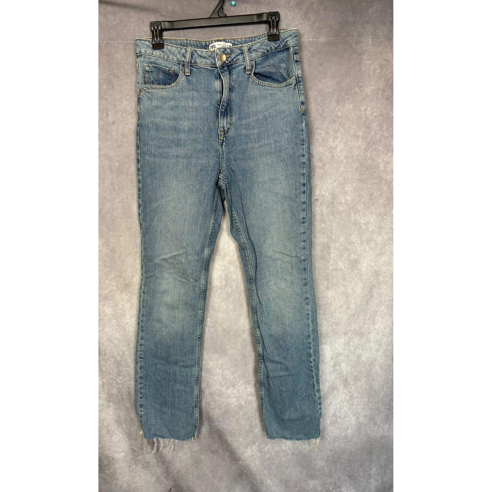 Zara High Rise Straight Leg Jeans Medium Wash Raw Hem Side Slit Size 8 30